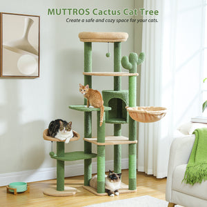 PAWZ Road 59" Cactus Cat Tree, Tall Cat Tree for Large Cat, Multi-Level Cat Tower, Cat Tree for Indoor Cats, Cat Condo with Large Hammock, Scratching Post and 2 Perches,