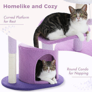PAWZ Road Cat Tree,32 Inches Purple Flower Cat Tower with Sisal Covered Scratching Post, Cozy Condo, Plush Perches, and Fluffy Balls for Indoor Cats