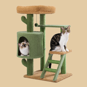 PAWZ Road Unique Cactus Cat Tree Cat Tower, 35.6'' Multi-Level Tall Cat Tower with Tall Cat Scratching Post, Large Cat Condo Cat Furniture Activity Center with Hammocks, Dangling Ball, Cat Climbing, Green