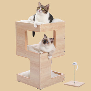 PAWZ Road Cat Tree with Scratcher, Multi-Level Modern Cat Condo Furniture with Removable Soft Cushions, Scratching Mat and Ball Toys for Indoor Cats-Beige