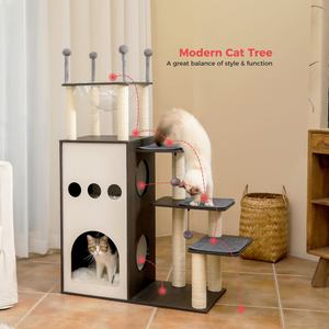 PAWZ Road Sky -castle Design Wooden Cat Tree, 50" Modern Cat Tower with 2-Floor Condo, Cat Furniture Sisal Scratching Posts, Capsule Nest and Dangling Balls, Inspired by Sky City for Indoor Large/Big Cats