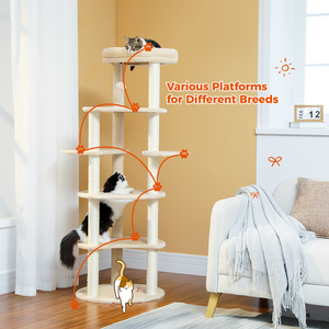 PAWZ Road 61" Cat Tree for Indoor Cats, Cat Climbing Tower with 9 Sisal Scratching Posts [6-Levels] Circular Play Floor and Replaceable Dangling Ball Top Perch Wood Beige/Gray