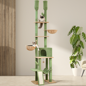 PAWZ Road Cactus Cat Tree Floor to Ceiling Cat Tower with Adjustable Height(85-112 Inches), 7 Tiers Cat Climbing Activity Center with Cozy Hammocks, 5 Platforms and Scratching Posts for Indoor Cats