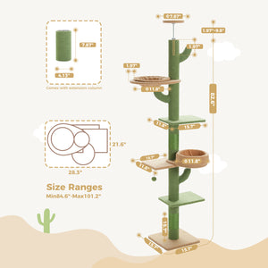 PAWZ Road Cactus Cat Tree Floor to Ceiling [87"-100"] Height Adjustable, 5 Levels Cactus Cat Tower [Diamter=4.1"] Super Robust Cat Scratcher with Perch& Hammock(Visible Acrylic Bowl Optional), Green