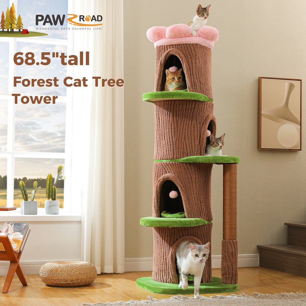 Brown Tree Trunk Cat Tree, 68..5-Inch Tall with Removable Pink