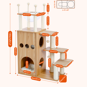 PAWZ Road 51" Extra Tall Sky-Castle Design Wooden Modern Luxury Cat Tree