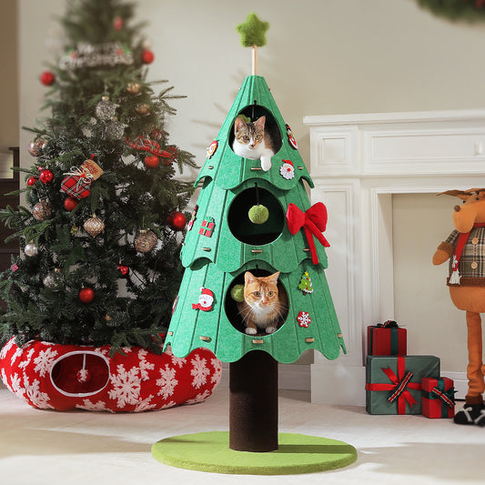 53-Inch Christmas Cat Tree for Indoor Cats, Cat Tower with 3 Condos&4 Pompoms, Multi-Cat Furniture with Holiday Felt Stickers, Activity Center, Green
