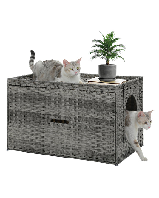 Rattan Cat Litter Box Enclosure - Hidden Litter Box Furniture by Handwoven Wicker with Taller Doorway & Raised Edge Mat-Cat House Cabinet for Large Cats Indoor Living Room Odor Control