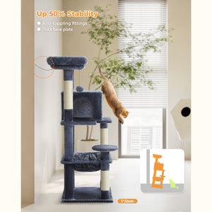 PAWZ Road Cat Tree for Indoor Cats, 45.7" Multi-Level Cat Tower with Large Metal Frame Hammock, Cat Condo with 4 Scratching Posts and Top Perch for Small Medium Cat, Grey,Beige,Dark Grey