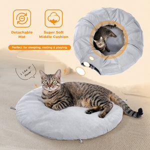 PAWZ Road Plush Transformable Interactive Round Splice Tunnel Bed with Central Mat and Peek Hole Cat Bed with Cat Toy Hanging Balls -Tunnel Bed