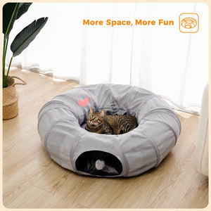 PAWZ Road Plush Transformable Interactive Round Splice Tunnel Bed with Central Mat and Peek Hole Cat Bed with Cat Toy Hanging Balls -Tunnel Bed