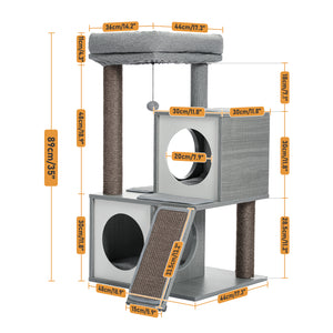 PAWZ Road Cat Tree 35 Inches Wooden Cat Tower with Double Condos, Spacious Perch, Fully Wrapped Scratching Sisal Posts and Replaceable Dangling Balls-Gray