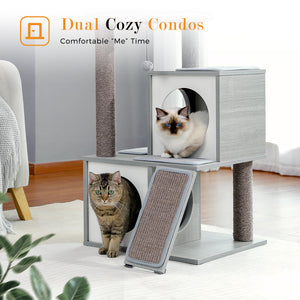 PAWZ Road Cat Tree 35 Inches Wooden Cat Tower with Double Condos, Spacious Perch, Fully Wrapped Scratching Sisal Posts and Replaceable Dangling Balls-Gray