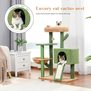 PAWZ Road 41 Inches Cactus Cat Tower with Sisal Covered Scratching Post and Cozy Condo for Indoor Cats, Cat Climbing Stand with Plush Perch &Soft Hammock for Multi-Level Cat Play House