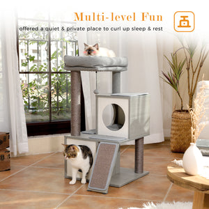 PAWZ Road Cat Tree 35 Inches Wooden Cat Tower with Double Condos, Spacious Perch, Fully Wrapped Scratching Sisal Posts and Replaceable Dangling Balls-Gray