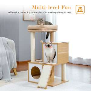 PAWZ Road Cat Tree 35 Inches Wooden Cat Tower with Double Condos, Spacious Perch, Fully Wrapped Scratching Sisal Posts and Replaceable Dangling Balls-Gray