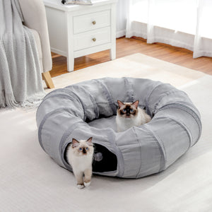 PAWZ Road Plush Transformable Interactive Round Splice Tunnel Bed with Central Mat and Peek Hole Cat Bed with Cat Toy Hanging Balls -Tunnel Bed