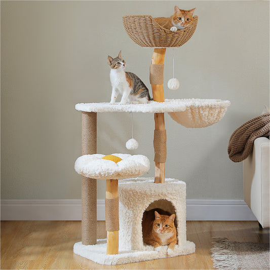 48.5'' Modern Cat Tree Solid Wood Cat Tower for Indoor Cats with Luxury Cat Condo, Cozy Hammock, Scratching Post, Rattan Perch and Flower Cat Bed for Large Cats Adult, White