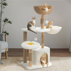 48.5'' Modern Cat Tree Solid Wood Cat Tower for Indoor Cats with Luxury Cat Condo, Cozy Hammock, Scratching Post, Rattan Perch and Flower Cat Bed for Large Cats Adult, White