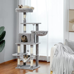 PAWZ Road 60 Inches Cat Tree, Tall Cat Tower, Multi-Level Cat Condo for Indoor Cats with Cat Hammocks, Natural Sisal Covered Scratching Post and Plush Top Perch, Grey