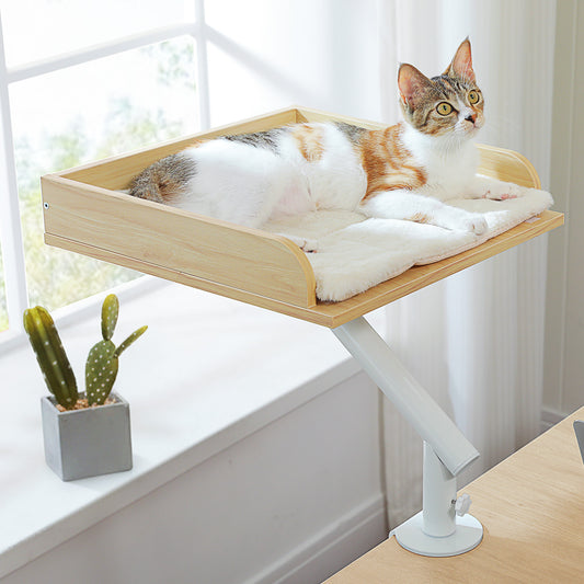 PAWZ Road Cat Bed for Desk - 14 Inch Space Saving Cat Hammock with Interactive Plush Ball Supports Up to 50lbs - Fits Tables Under 5cm Thick White
