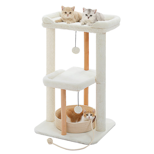 PAWZ Road Modern Cat Tree – Wooden Cat Tower with Removable Woven Bed for Indoor Cats