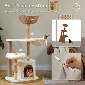 48.5'' Modern Cat Tree Solid Wood Cat Tower for Indoor Cats with Luxury Cat Condo, Cozy Hammock, Scratching Post, Rattan Perch and Flower Cat Bed for Large Cats Adult, White