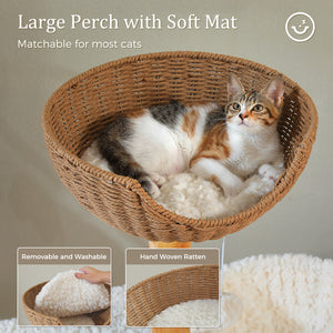 48.5'' Modern Cat Tree Solid Wood Cat Tower for Indoor Cats with Luxury Cat Condo, Cozy Hammock, Scratching Post, Rattan Perch and Flower Cat Bed for Large Cats Adult, White