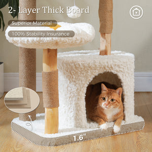 48.5'' Modern Cat Tree Solid Wood Cat Tower for Indoor Cats with Luxury Cat Condo, Cozy Hammock, Scratching Post, Rattan Perch and Flower Cat Bed for Large Cats Adult, White