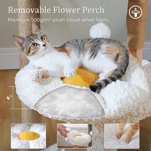 48.5'' Modern Cat Tree Solid Wood Cat Tower for Indoor Cats with Luxury Cat Condo, Cozy Hammock, Scratching Post, Rattan Perch and Flower Cat Bed for Large Cats Adult, White