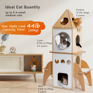 Pawz Road 54 Inches Rocket Multi-Level Cat Tree Spaceship Modern Cat Tower with 3 Spacious Condos, 2 Fuzzy Replaceable Dangling Balls, Attic Perch and Detachable Mats