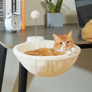 PAWZ Road Cat Bed for Desk - 14 Inch Space Saving Cat Hammock with Interactive Plush Ball Supports Up to 50lbs - Fits Tables Under 5cm Thick White