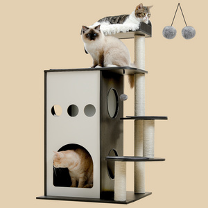 PAWZ Road Wooden Cat Tree, 47.2" Modern Cat Tower with 2-Floor Condo, Top Perch and Sisal Scratching Posts, Inspired by Sky City for Indoor Large/Big Cats