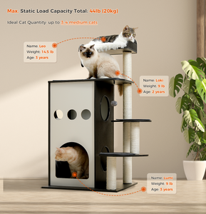 PAWZ Road Wooden Cat Tree, 47.2" Modern Cat Tower with 2-Floor Condo, Top Perch and Sisal Scratching Posts, Inspired by Sky City for Indoor Large/Big Cats