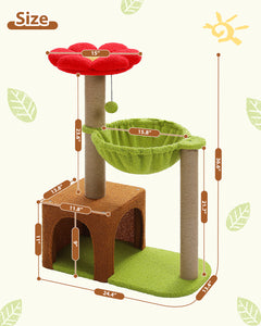 Flower Cat Tree with Sisal Scratching Posts, 36.6" Cute Cat Tower with Large Green Hammock for Small Indoor Cats, Cat Condo with Removable Flower Bed for Kittens
