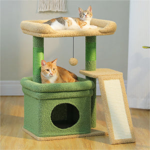 PAWZ Road 27-Inch Small Cat Tree Tower for Large Adult Cats with Wide Top Perch, Private Cat Condo and Sisal Scratching Post&Pad for Indoor Cats, (Green/Gray/Beige)