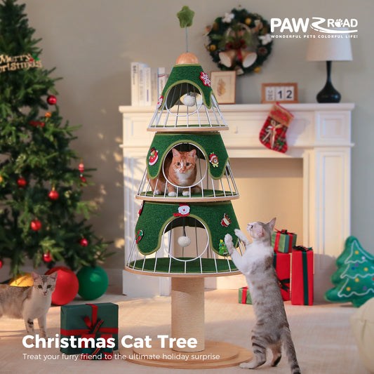 Modern Cat Tree 51.2-Inch Christmas Tree with Thick Scratch Post(φ5.4in), Wood Cat Tower, 3 Condos-Heavy Duty Cat Furniture, Metal Frame & Replaceable Mat for Indoor Cat