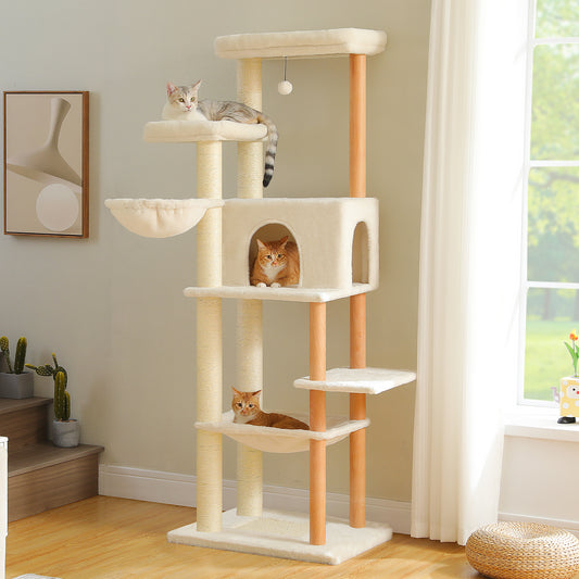 PAWZ Road Large Cat Tree, 73-Inch Tall Wooden Cat Tower with 2 Spacious Hammocks,2 Big Top Beds,8 Fully Scratching Posts and Natural Wood Posts, Multi Cat Tree for Indoor Cats Large Adult
