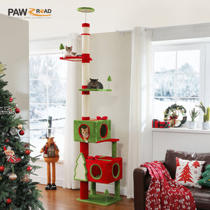 Christmas Cat Tree Tower, Height Adjustable 90.9"-107.8" Floor to Ceiling Cat Condo with 2 Condos, Sisal Scratching Posts, Festive Red Green Cat Tower