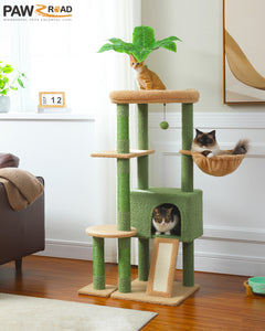 PAWZ Road 53 Inches Cactus Cat Tree, Multi-Level Cat Tower for Indoor Cats with Cat Condo, Sisal Covered Scratching Post and Cat Hammock, Soft Cat Perch Cat Playhouse for Large Cats, Green