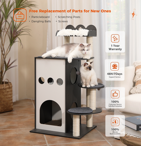 PAWZ Road Wooden Cat Tree, 47.2" Modern Cat Tower with 2-Floor Condo, Top Perch and Sisal Scratching Posts, Inspired by Sky City for Indoor Large/Big Cats