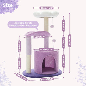 PAWZ Road Cat Tree,32 Inches Purple Flower Cat Tower with Sisal Covered Scratching Post, Cozy Condo, Plush Perches, and Fluffy Balls for Indoor Cats