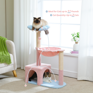 PAWZ Road Flower Cat Tree 36.6" Multi-Level Cat Tower with Sisal Covered Scratching Posts, Cute Cat Condo for Indoor Small Medium Cats, Pink Top Perch, Ramp, Fluffy Ball,Blue