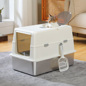 PAWZ Road Stainless Steel Enclosed Extra Large Cat Litter Box with Dual Entry, 16-Inch High Sides, Non-Sticky Metal Pan, Includes Scoop, Gray, Gray