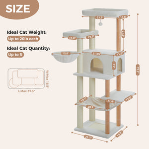 PAWZ Road Large Cat Tree, 73-Inch Tall Wooden Cat Tower with 2 Spacious Hammocks,2 Big Top Beds,8 Fully Scratching Posts and Natural Wood Posts, Multi Cat Tree for Indoor Cats Large Adult