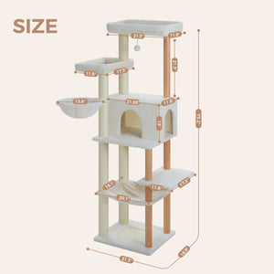 PAWZ Road Large Cat Tree, 73-Inch Tall Wooden Cat Tower with 2 Spacious Hammocks,2 Big Top Beds,8 Fully Scratching Posts and Natural Wood Posts, Multi Cat Tree for Indoor Cats Large Adult