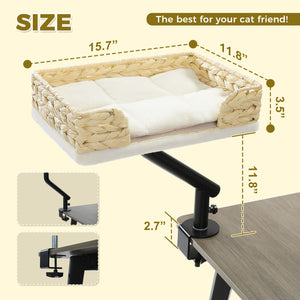 PAWZ Road Cat Bed for Desk - 14 Inch Space Saving Cat Hammock with Interactive Plush Ball Supports Up to 50lbs - Fits Tables Under 5cm Thick White