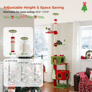 Christmas Cat Tree Tower, Height Adjustable 90.9"-107.8" Floor to Ceiling Cat Condo with 2 Condos, Sisal Scratching Posts, Festive Red Green Cat Tower