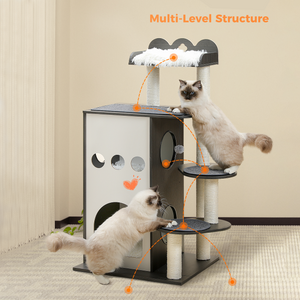PAWZ Road Wooden Cat Tree, 47.2" Modern Cat Tower with 2-Floor Condo, Top Perch and Sisal Scratching Posts, Inspired by Sky City for Indoor Large/Big Cats