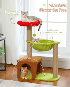 Flower Cat Tree with Sisal Scratching Posts, 36.6" Cute Cat Tower with Large Green Hammock for Small Indoor Cats, Cat Condo with Removable Flower Bed for Kittens